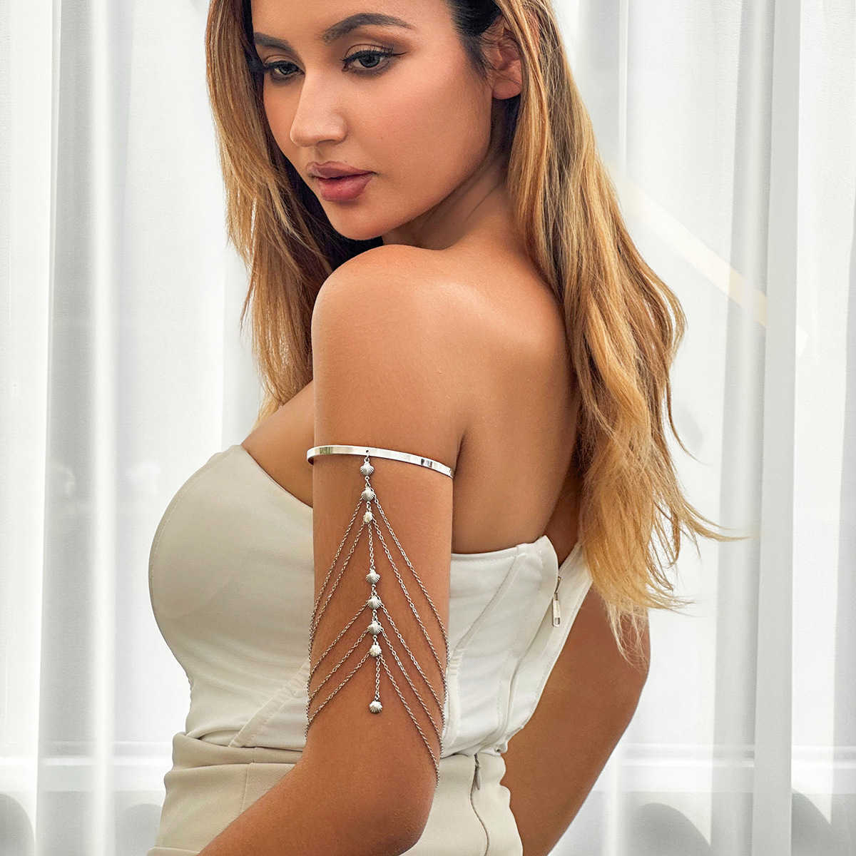 Charm Bracelets Fashion and sexy multi-layer tassel bracelet with white anti pearl arm chain inlaid H25220