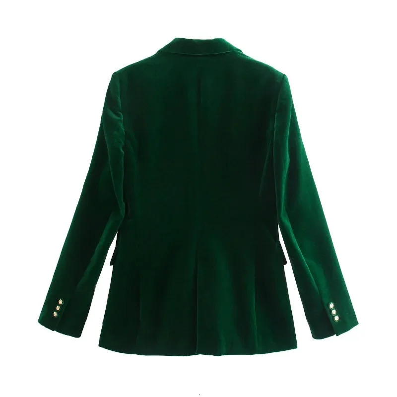 Elegant Velvet Women Blazer Fashion Office Wear ButtonsUp Long Sleeve Pockets Vintage Green Female Outfitt 250213