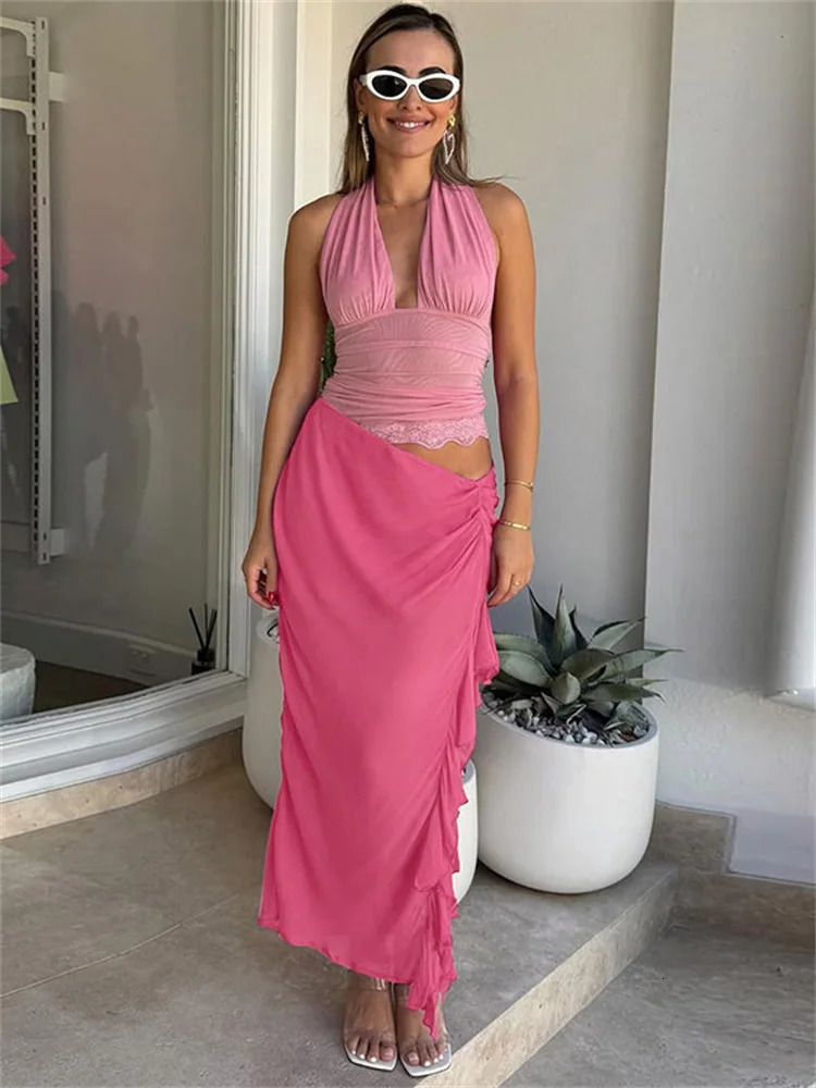 Tossy Ruffled Fashion Mesh 2 Piece-Set Long Skirt For Women V-Neck Lace See-Through Holiday Outfits Summer Maxi Skirt Sets 250220