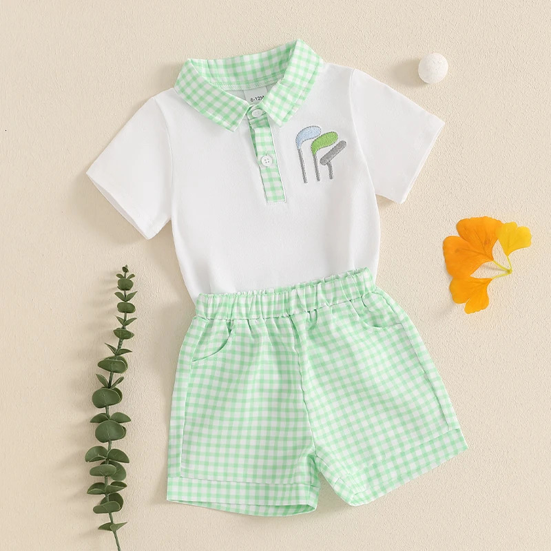 Kids Baby Boy Summer 2 Piece Sets Golf Club Embroidery Short Sleeve Half Button-up Tops Plaid Shorts Toddlers Casual Outfits 250220