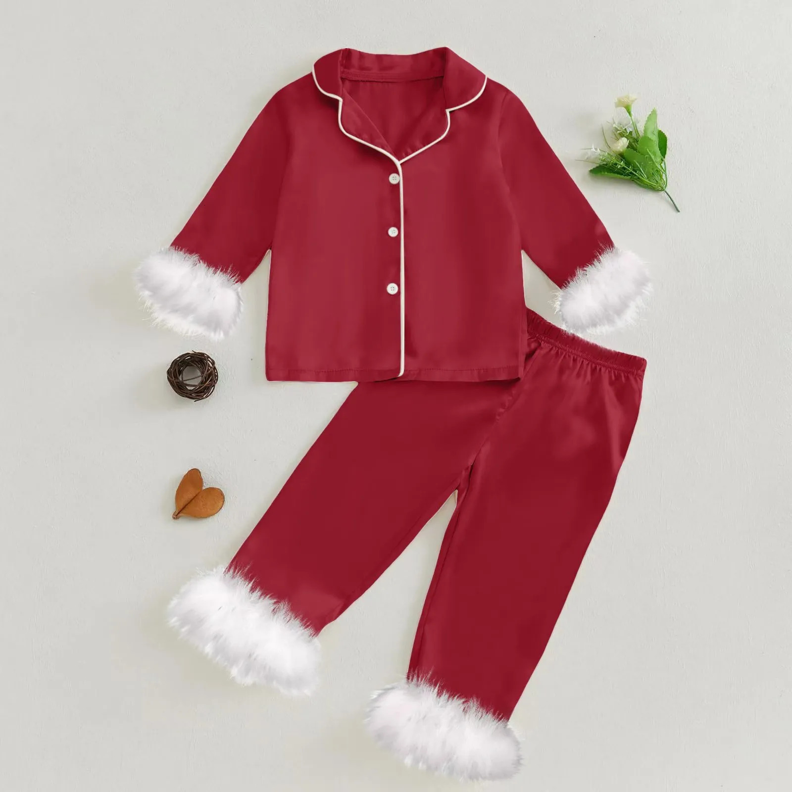 Children Kids Christmas Sleepwear Set Satin Long Sleeve Lapel Tops Elastic Waist Pants 2 Piece Pajamas Feather Trim Shirt Outfit 250219