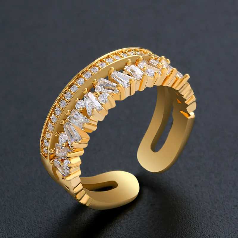 Luxury Zircon Gold Color Double Layer Adjustable Opening Rings For Wen Fashion Wedding Party Jewelry Birthday Gift s X250220