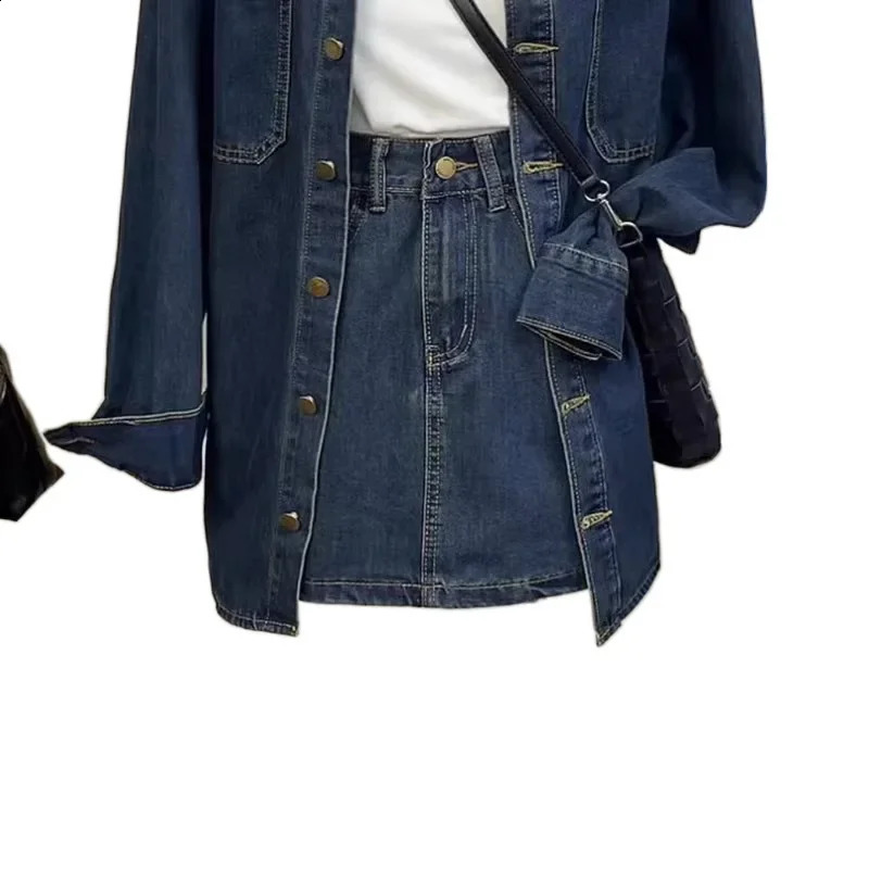 2024 Early Autumn Style Korean Vintage Casual SingleBreasted Denim Shirt Jacket HighWaisted Skirt 2Piece Set For Women 250220