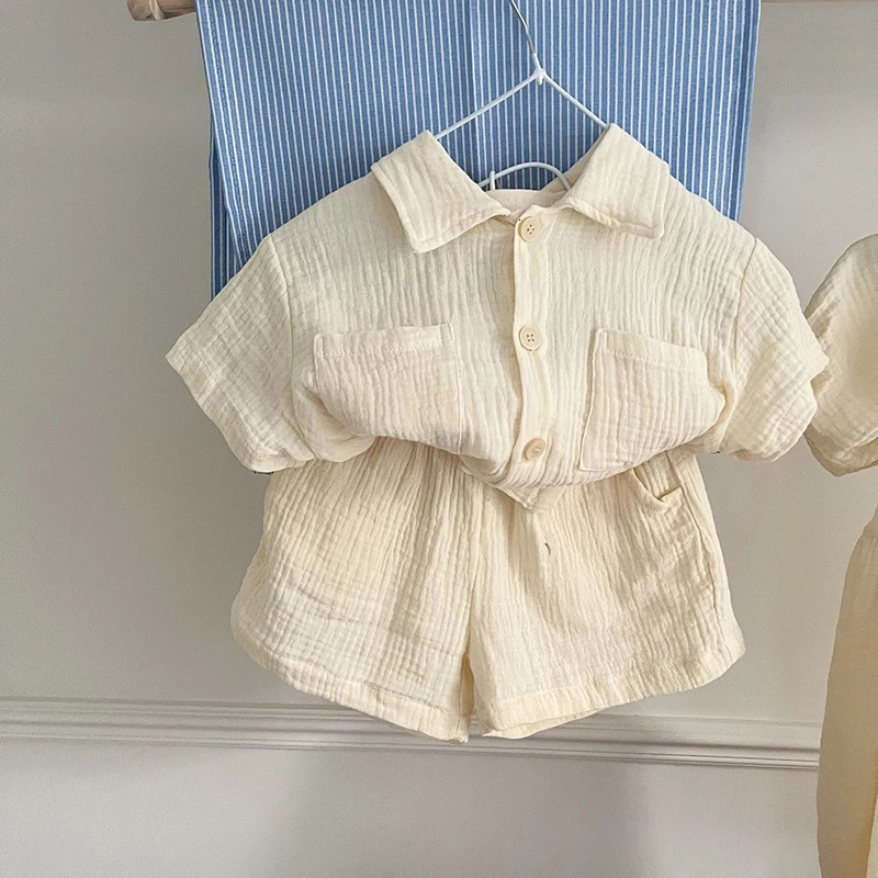 Childrens Summer Clothing Set Boys Short Sleeve Shirt Shorts 2pcs Casual Suit Girls Solid Color Dress Sister Brother Outfit 250219