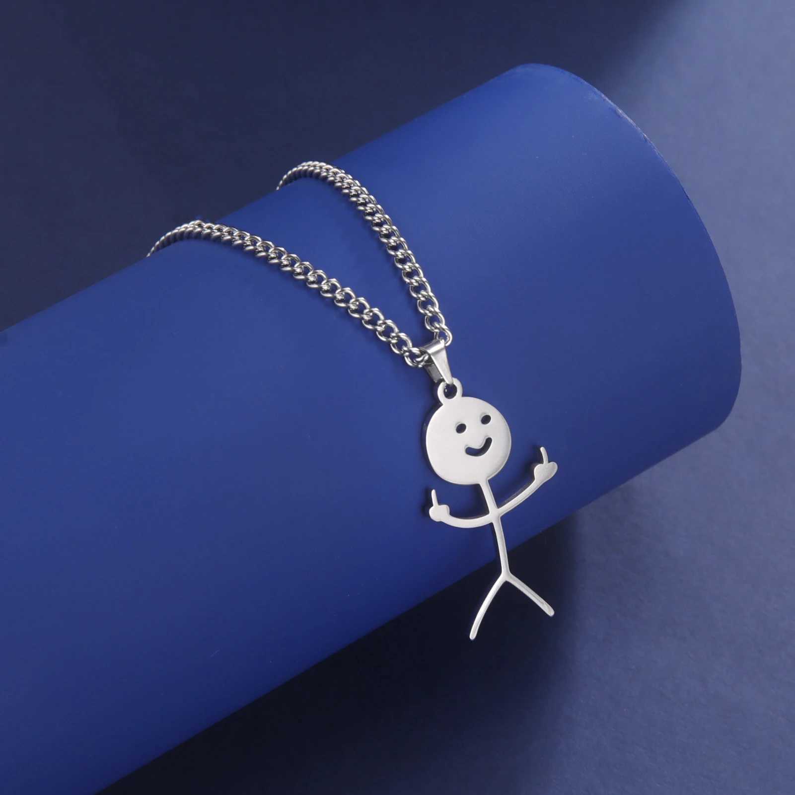 Skyrim Hip Hop Doodle Necklace for Men Women Stainl Steel Long Neck Chain Fashion Middle Finger Stickman Jewelry NewXJ250219