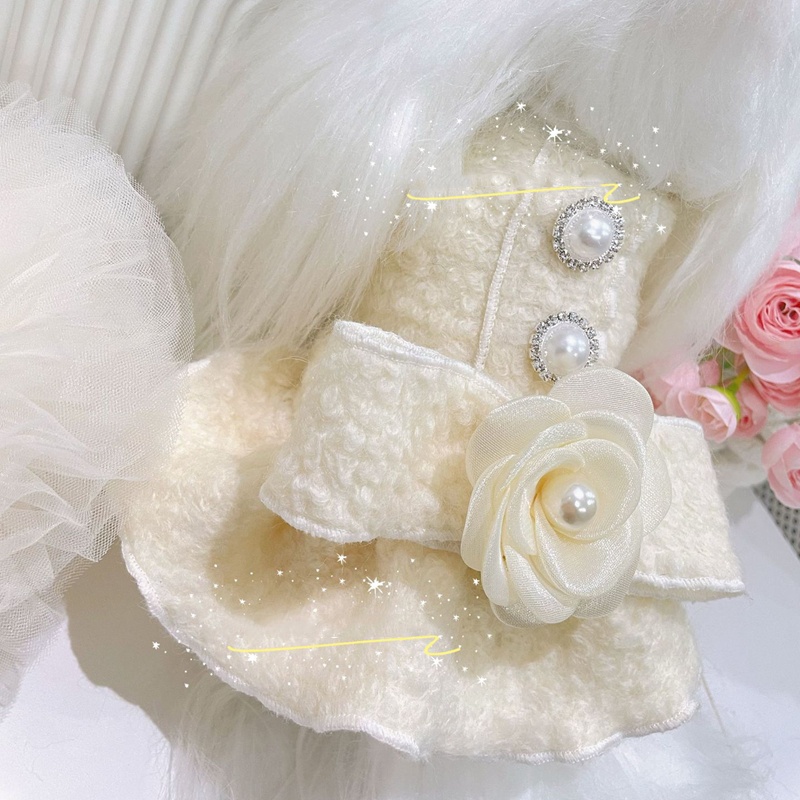 Wool Material Dog Dresses with Lace Border and Flower Puppy Tutu Skirt, Winter Girl Dog Clothes Costumes for Yorkshire, Teddy and Small Breeds XXS D8