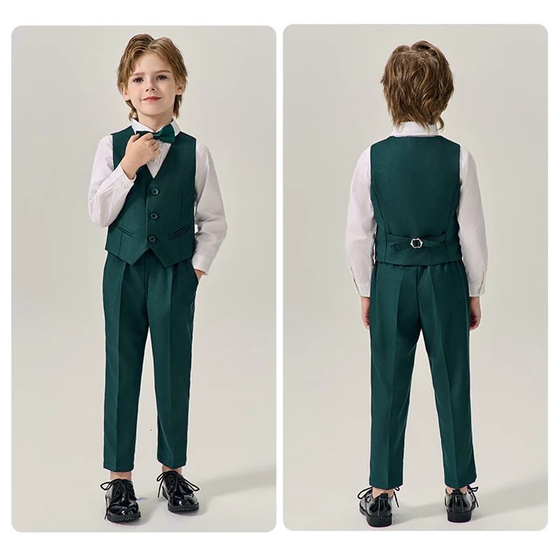 Child Green Formal Slim Fit Suit Set Boys Wedding Birthday Performance Pography Costume Kids Blazer Vest Pants Bowtie Outfit 250219