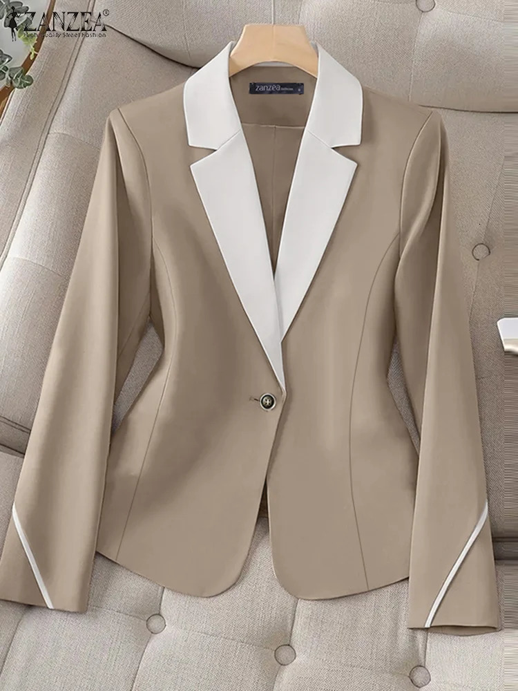 ZANZEA Spring Buttons Thin Outwears Women Formal Blazer Vintage Colorblock Waisted Coats Office Lady Long Sleeve Jackets 250213