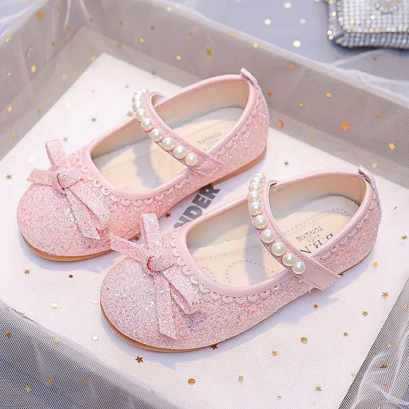 Girl Pearl Princess Shoes 2023 Spring New Childrens Fashion Rhinestone Childrens Leather Shoes Crystal Shoes Apartment Shiny and Unique X250220