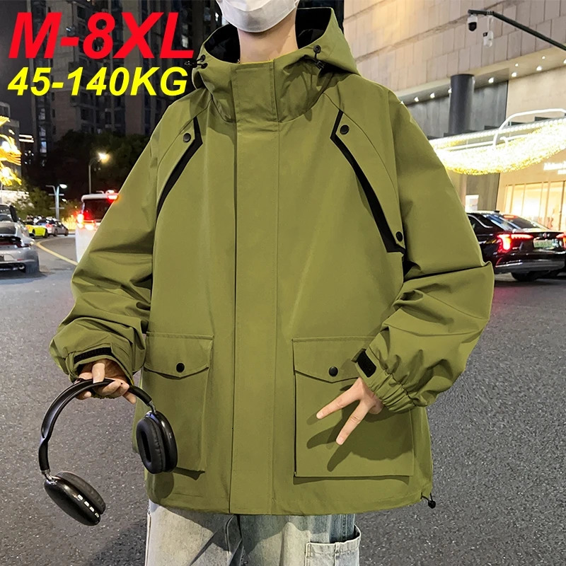 Spring Jacket Men Korean Fashion Unisex Hooded Windbreaker MultiPockets Casual Jackets Oversized Coat Plus Size 8XL w250210