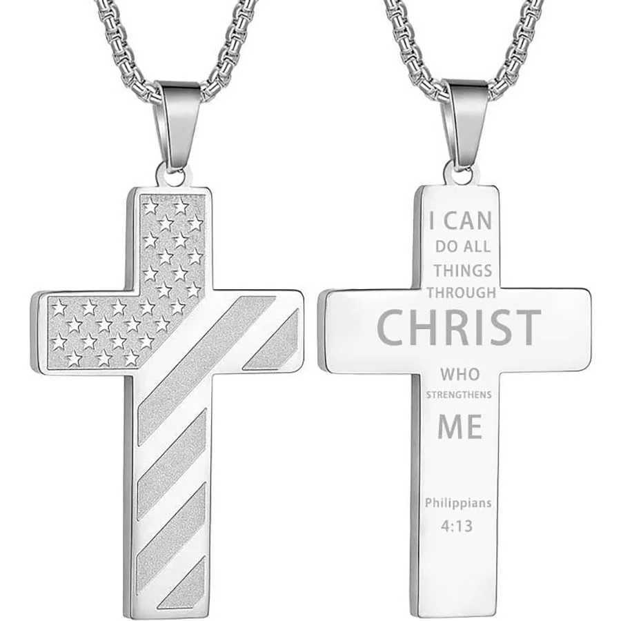 304L Stainl Steel USA Flag Cross Necklace for Men Women Bible Verse Necklace Men Spiritual JewelryXJ250219