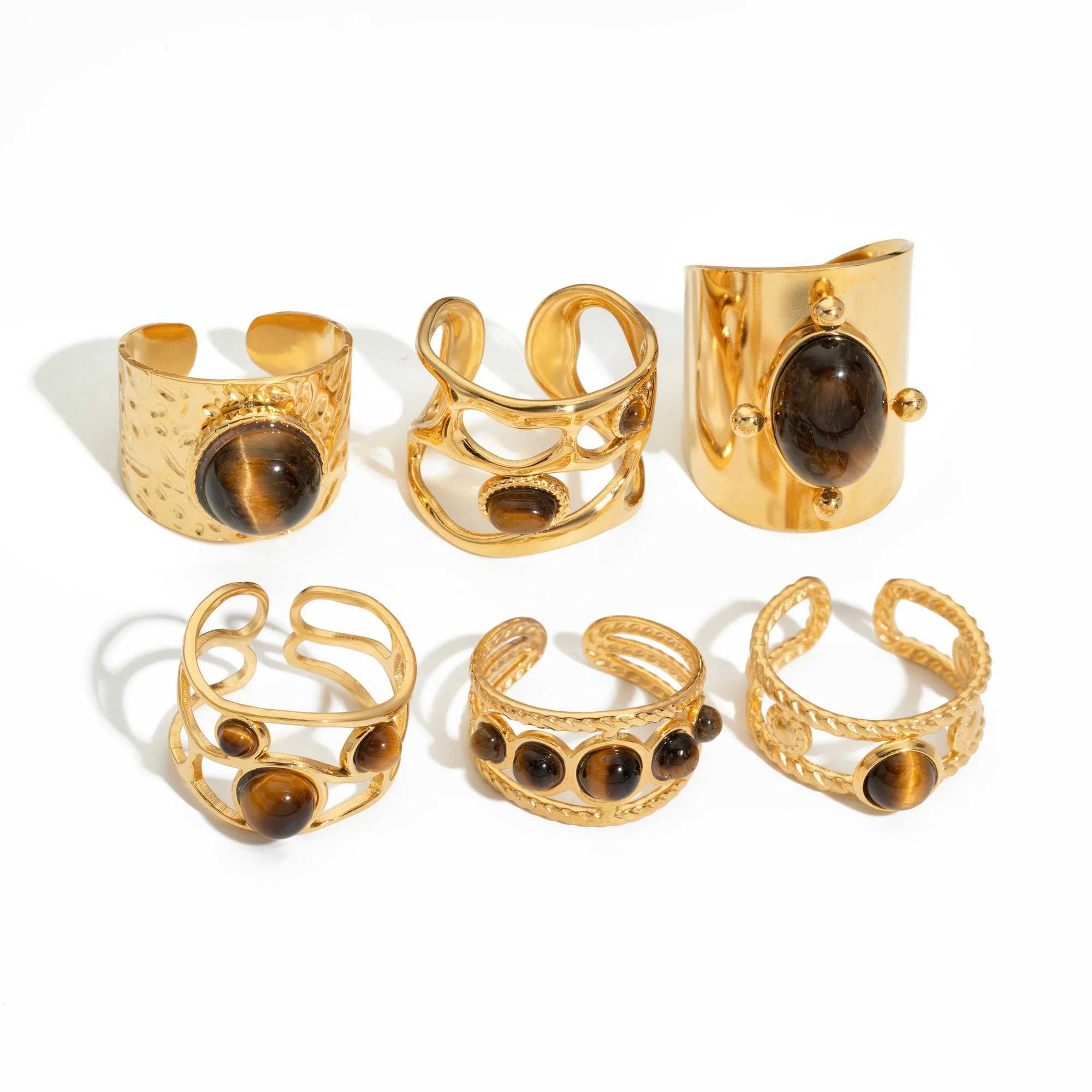 Creative Gold Plated Stainless Steel Rings for Wen Simple Geetric Round Natural Stone Finger Ring Boho Vintage Jewelry Gift X250220