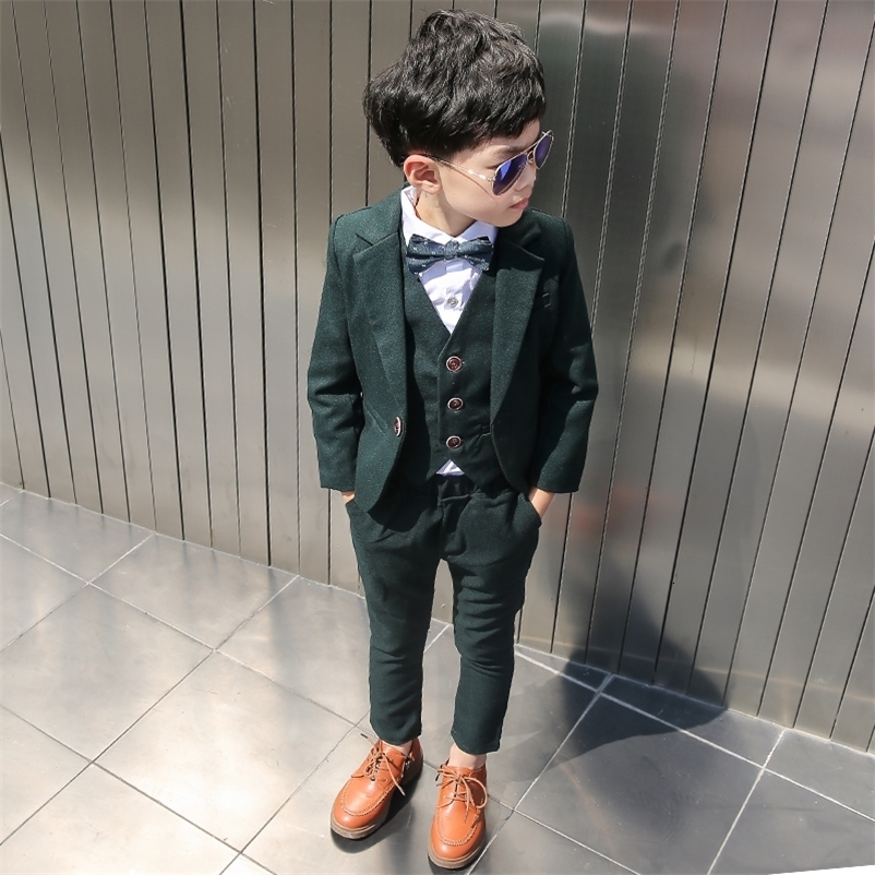 Boys Dark Green Formal Party Suit Children Blazer Vest Pants Tie 4 PCS Tuxedo Kids Performance Pography Dress Costume 250219
