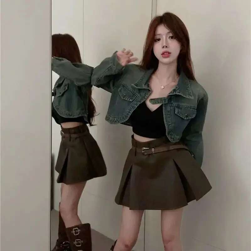 Denim Retro American Slim Fit Women Round Neck Top Sweet Korean Jacket Early Autumn Hot Style