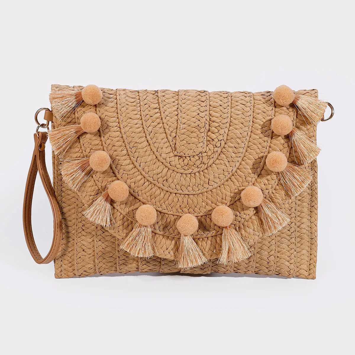 Summer Tassel Straw Shoulder Bag for Women Tassels Wrist Pack Handbags 2023 Women Woven Envelope Bag Beach Clutch Bag Z250219