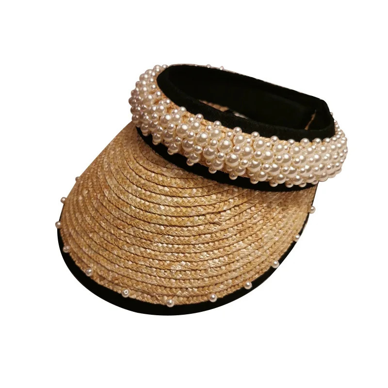 Elegant Handmade Wheat Straw And Pearl Empty Straw Sun Hats For Female Summer Sunshade Korean Seaside Beach Visor Visera Hat 250219