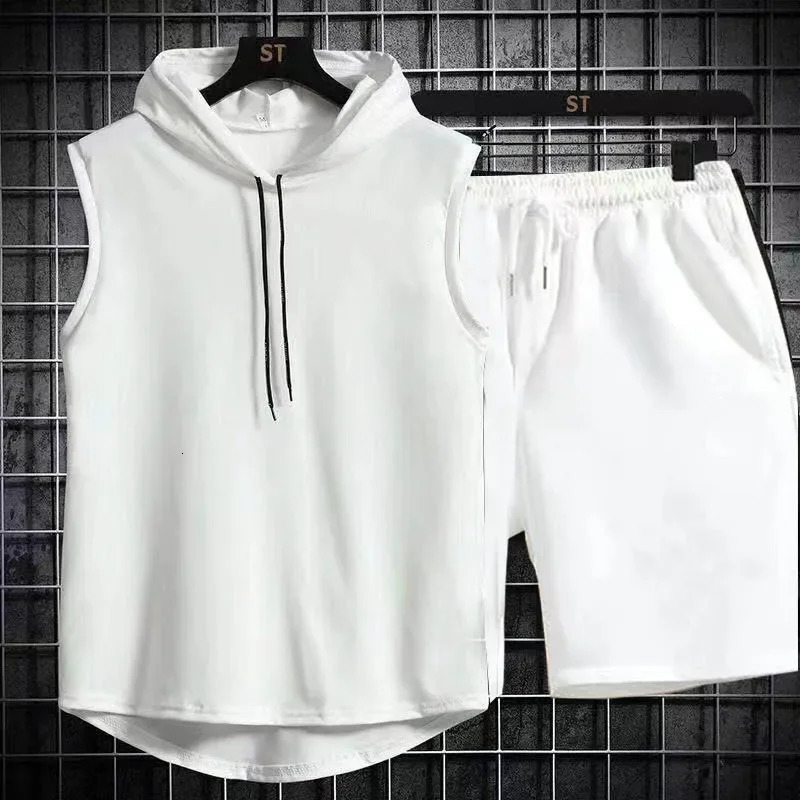 2024 Mens Oversized Tracksuit Set Sleeveless Hood T Shirts Shorts Pants Sports Vest 2 Piece Suits Summer Gym Workout Hoodie 250220