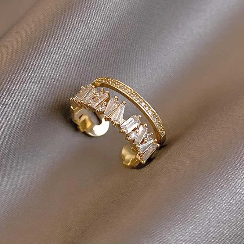 Luxury Zircon Gold Color Double Layer Adjustable Opening Rings For Wen Fashion Wedding Party Jewelry Birthday Gift s X250220