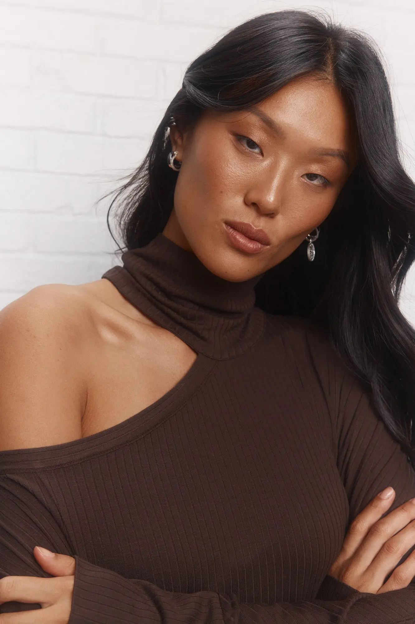 Stylish Ribbed Stretch Fabric Dark Brown High collar Sweater Top with asymmetrical shoulder opening