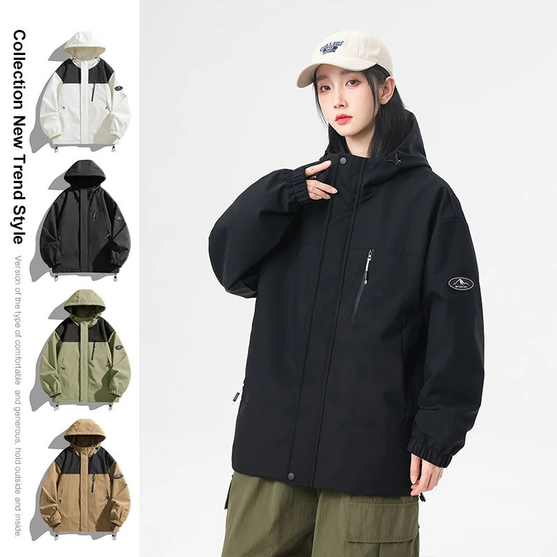 Spring Autumn Casual Jacket Men Women Hiking Outdoor Windproof Coats Hooded Jackets Color Matching Zipper Couple Top 250210