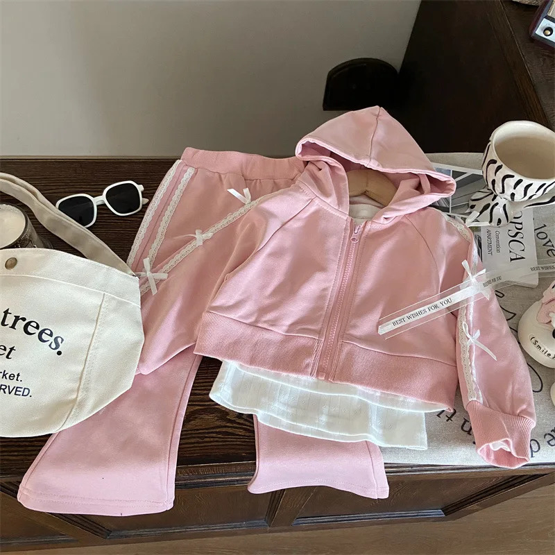 Korean Childrens Spring Girls Two-piece Set Bow Hooded Sweatshirt Jacket Lace Flared Pants Suit Toddler Girl Outfits 250219