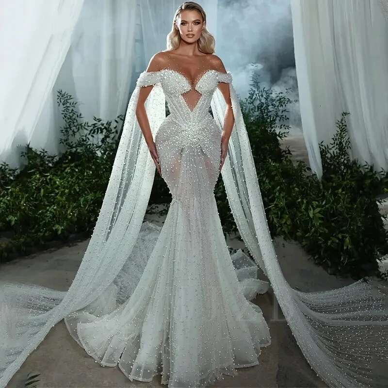 Full pearl 2025 for mermaid bride the off shoulder with cover dubai wedding dresses custom mariage robe