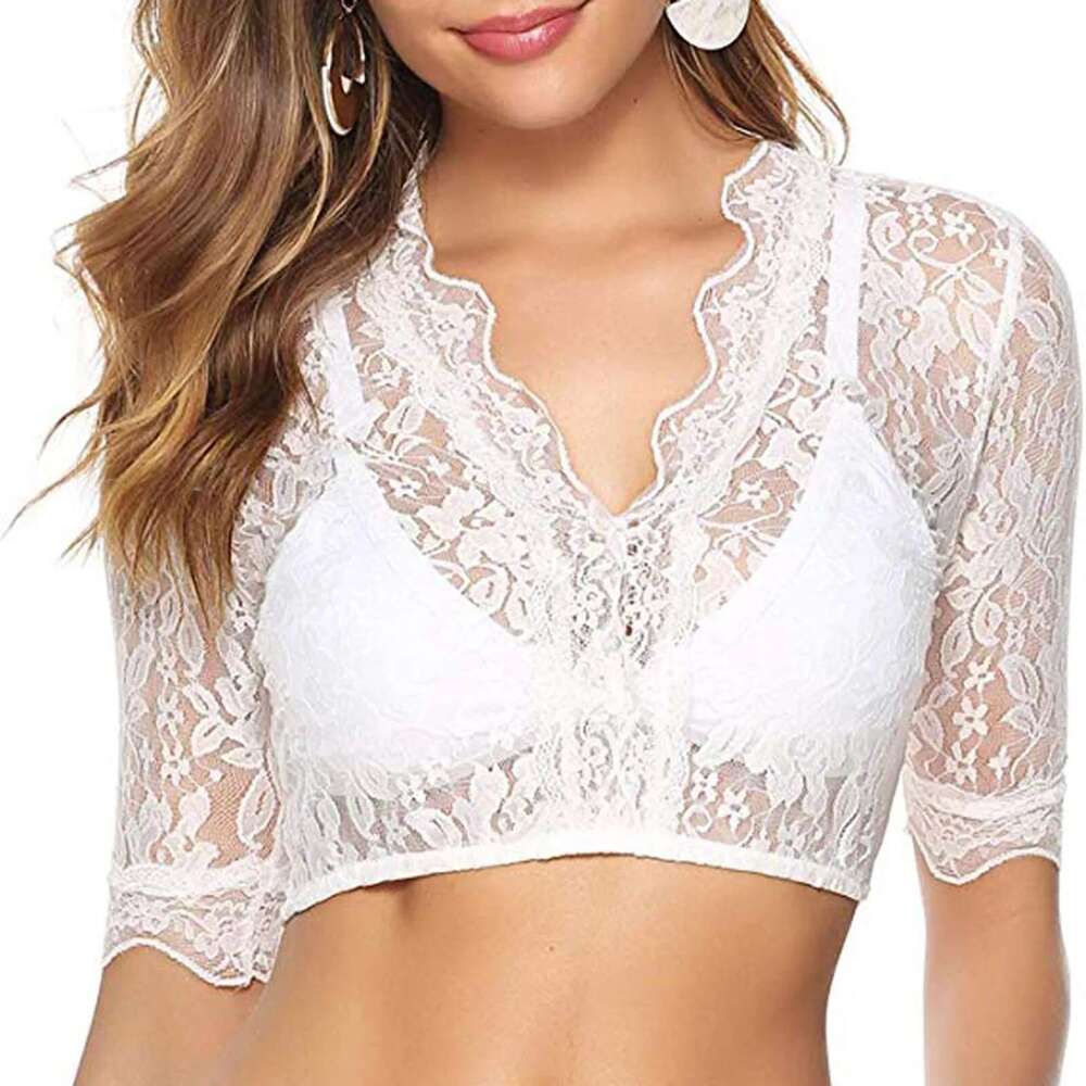 German Oktoberfest Blouse Lace Ral Traditional Bavarian Beer Wrap Crop Top Short Sleeve V-Neck Dirndl Costumes Gerie