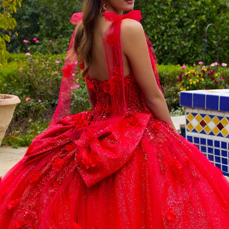Red Shiny Quinceanera Dresses Ball Gown Off The Shoulder Applique Flower Bow Beading Tull Party Birthday Sweet 16 Dress Vestido De 15 Anos