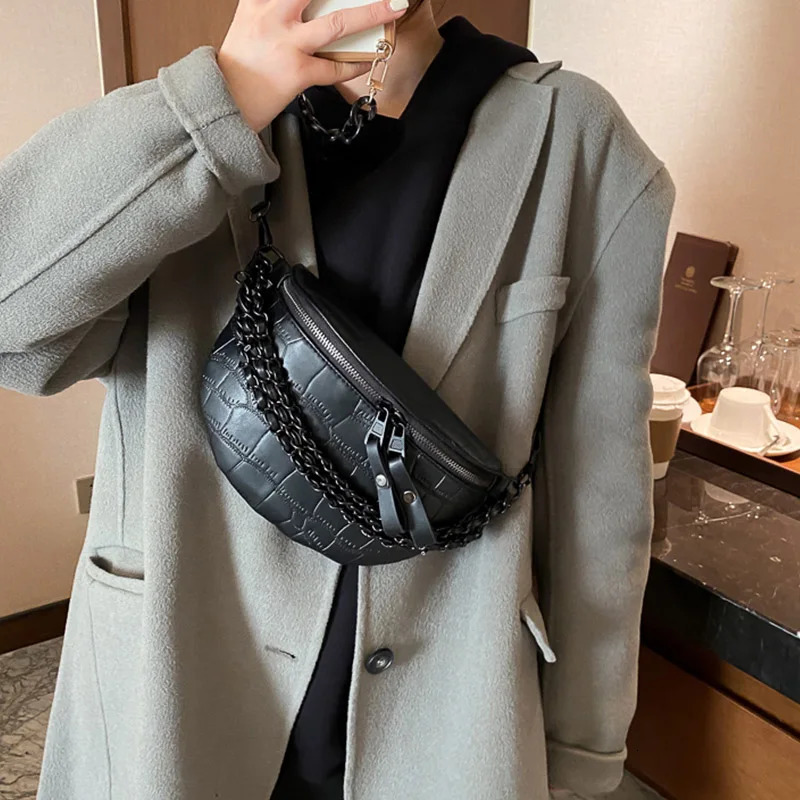 PU Leather Waist Bag For Women Fanny Pack Fashion Chest Chain handbag Designer Shoulder Crossbody Female Belt Purse 250219