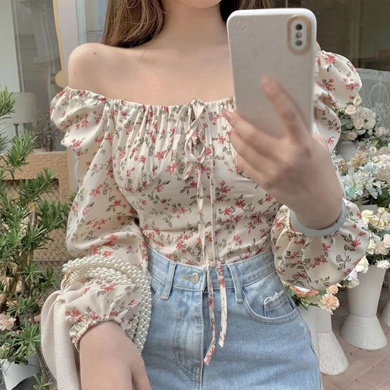 Blouses Women Slim Ral Print Lantern Sleeve Elegant Female Temperament Schoolgirls Spring All-Match Leisure Holiday Clothes