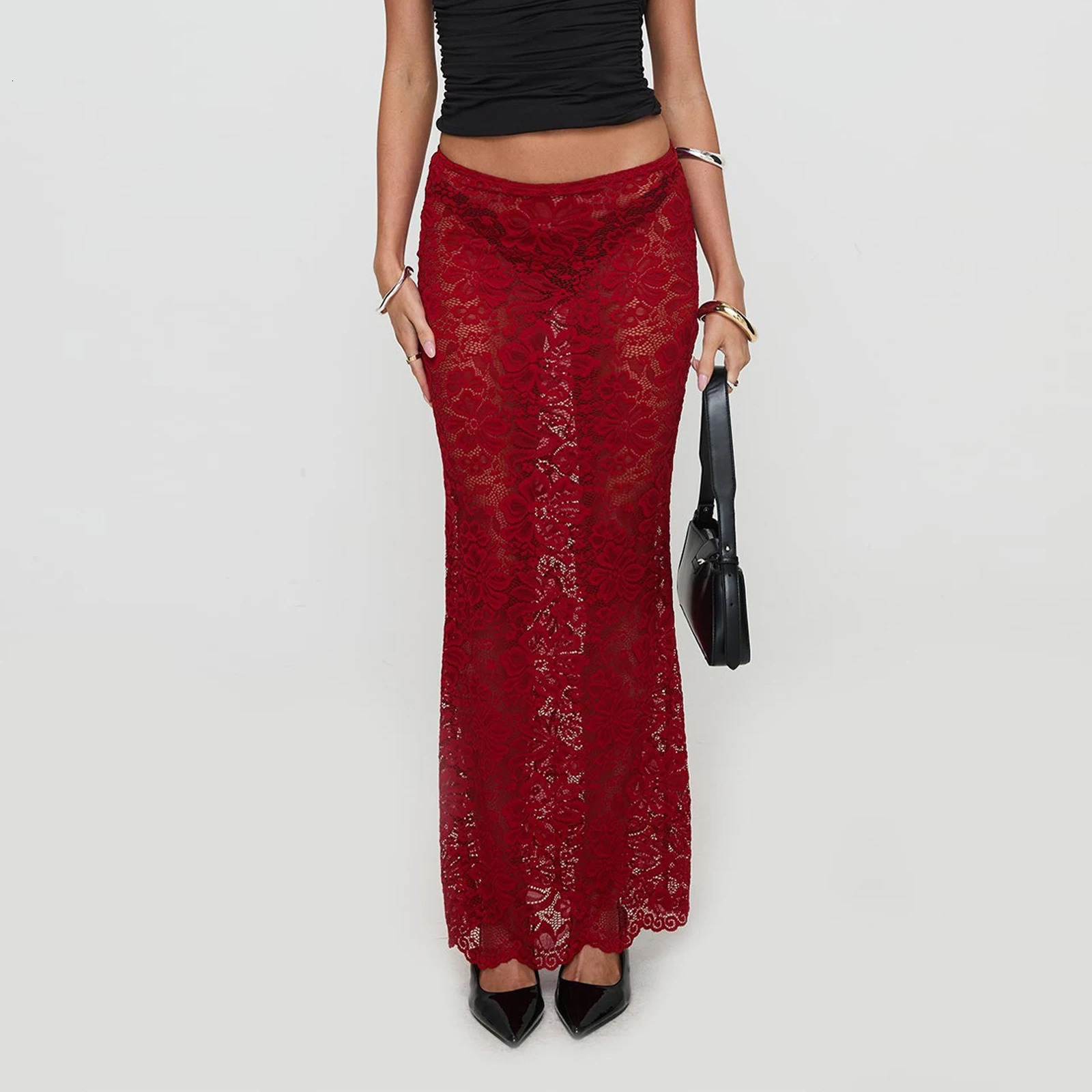 Hirigin womens lace long skirt Y2k transparent Maxi short See Through Mesh fish tail swimsuit sexy beach coverage 250220