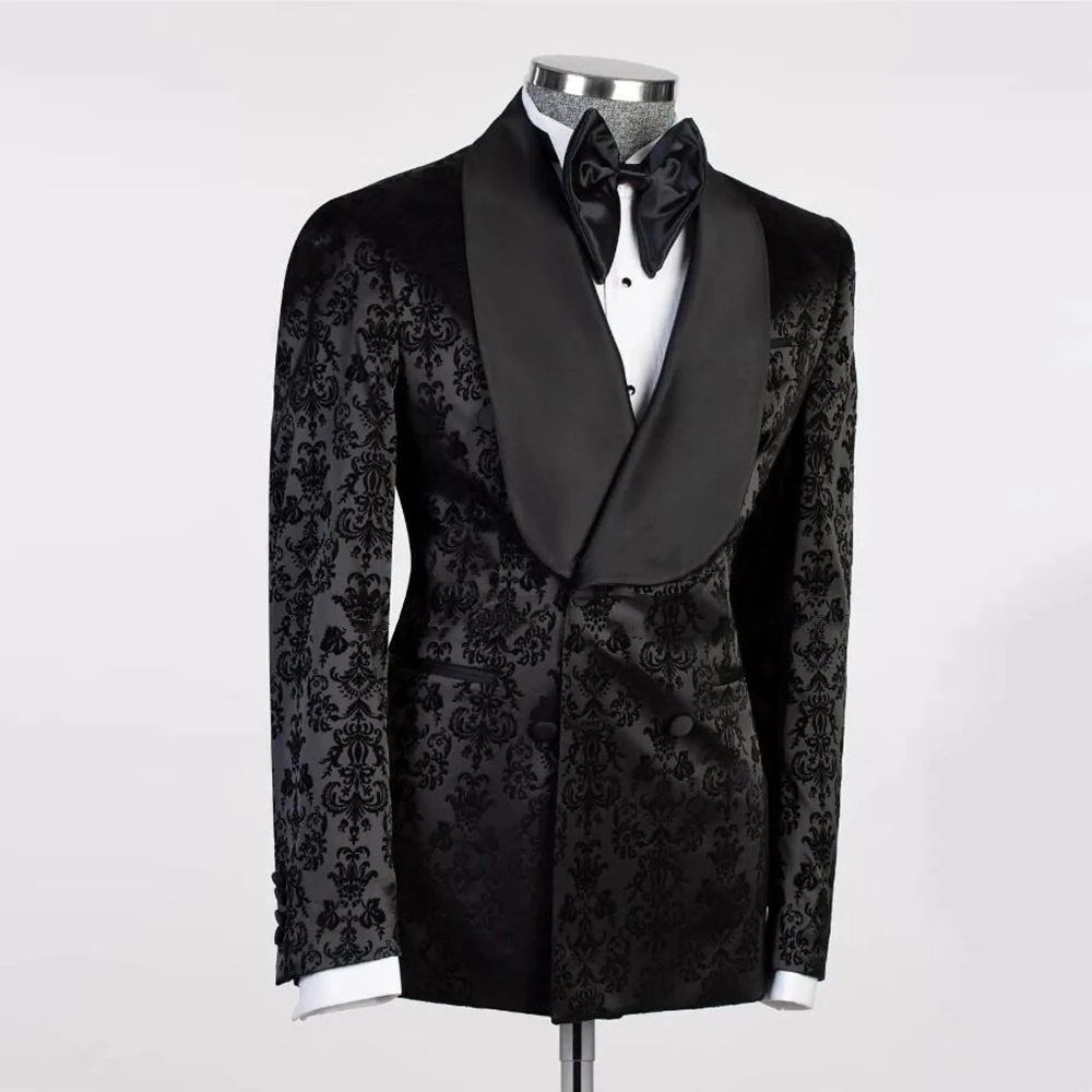 Vintage Men's Wedding Suit Jacquard Shawl Lapel Blazer 2 Pieces Set Coat for Groom Double Breasted Prom Formal Occasion Customized Jacket Pants