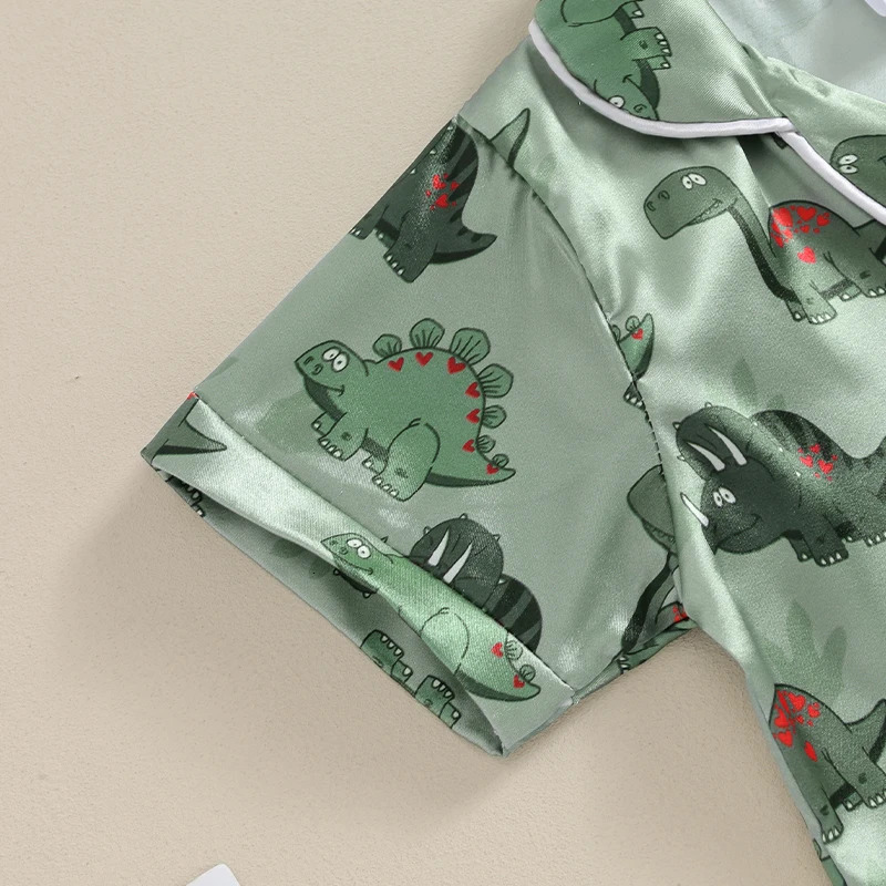 Kids Boys Summer Pajama Outfits Dinosaur Print Turn-Down Collar Short Sleeve Shirts and Elastic Waist Shorts 2 Pieces Sleepwear 250219