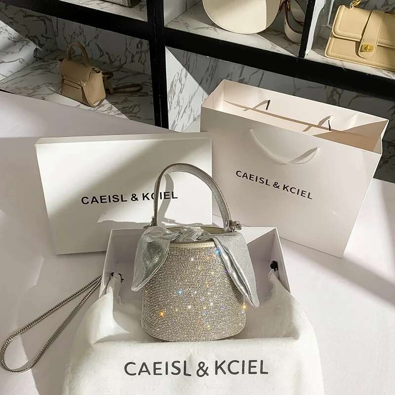 Women Handbag Glitter Bucket Crystal Shiny Rhie Dia Evening Wedding Party Clutch Purse Shoulder Crossbody Bag