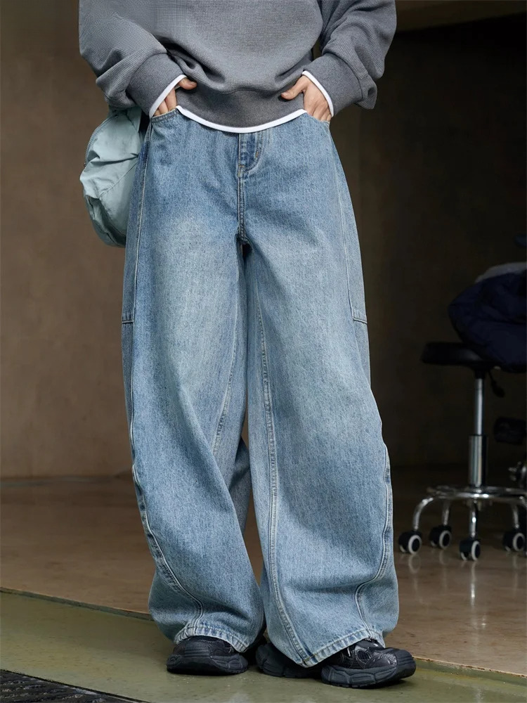 2024 Spring Curved High Waist Wide Leg Jeans Women Loose Casual Denim Pants Blue