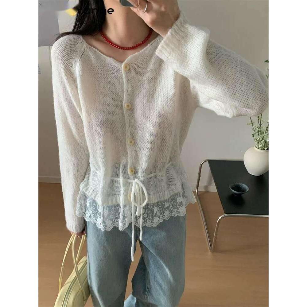 Age Reducing Lace Patchwork Cardigan Women 2025 Spring Knitted Sweater Yellow/Green/White/Gray/Blue