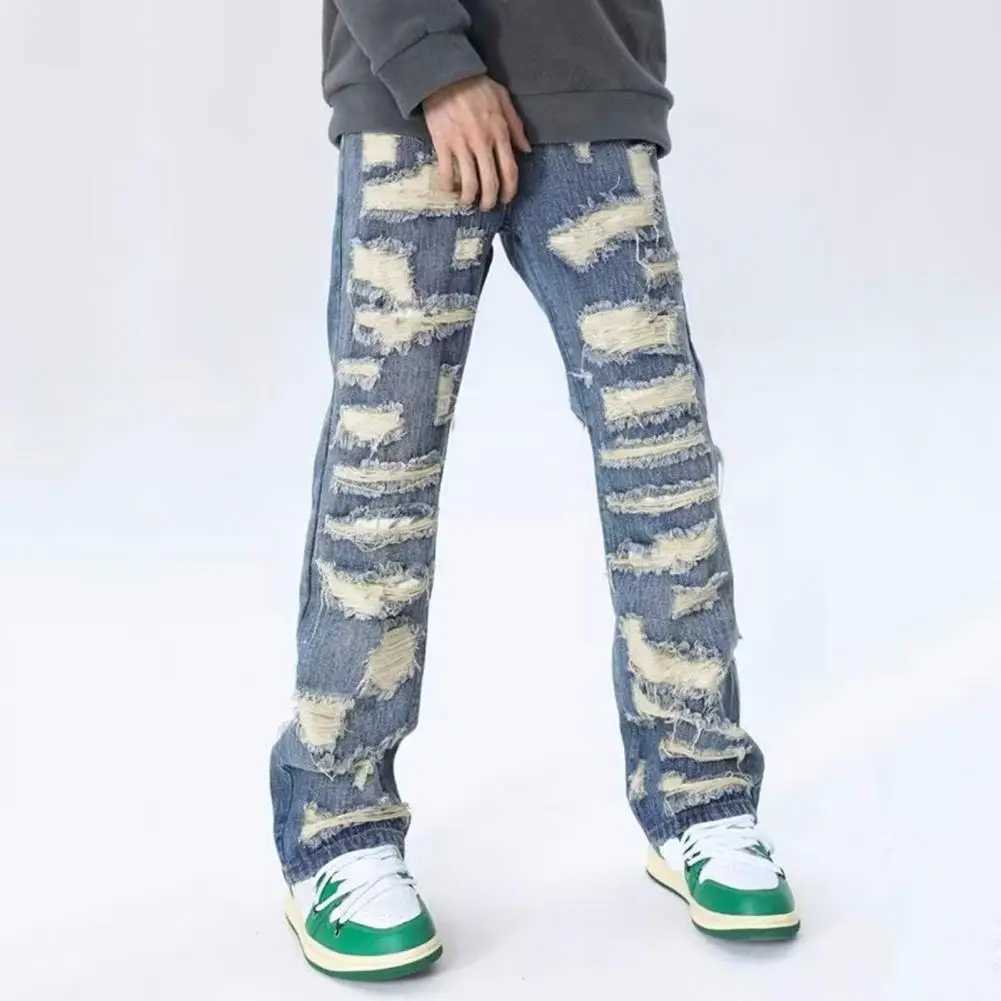 Four Pockets Mens Jeans Vintage Distressed Denim Jeans for Men with Pockets High Street Style Straight-leg Trousers Washed Retro X250220