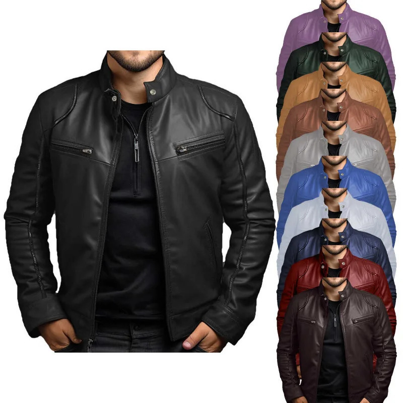 Mens Business PU Leather Jacket for Autumn and Winter Fashionable Stand Up Collar Casual Men 250210