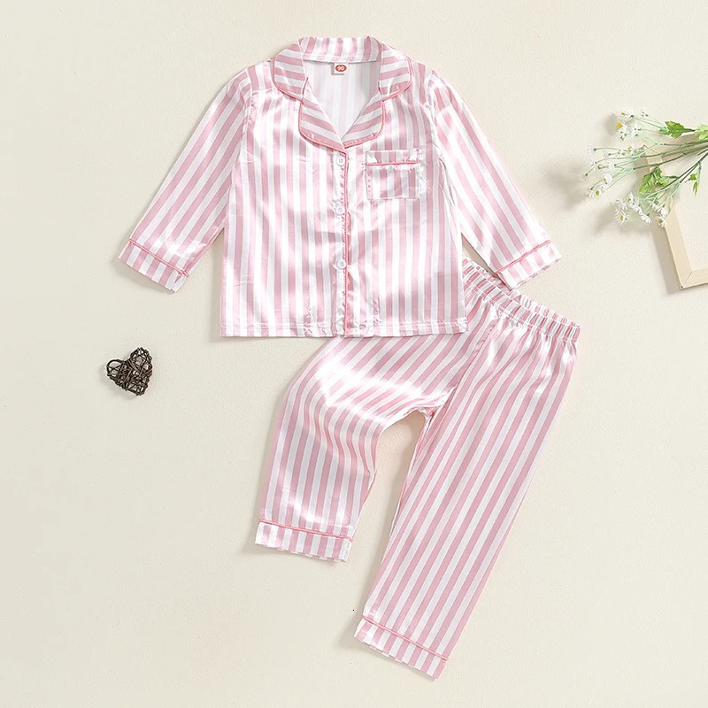 Kid Girls Boys Fall Pajamas Set Stripe Print Long Sleeve Shirts Tops Long Pants Satin 2 Pieces Lounge Suit Sleepwear 250219