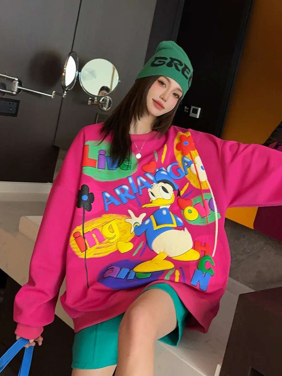 2024 Autumn New Heavy Industry Cartoon Contrasting Graffiti Print Sweatshirts Women's Versatile Casual High Street Top Sudaderas