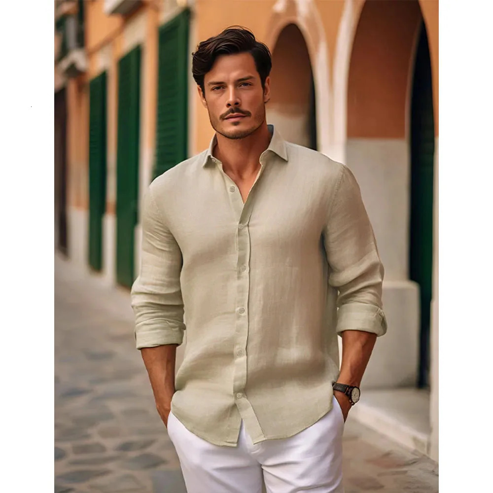 Mens Slim Fit Long-Sleeve Cotton Linen Shirts for Men Business Casual Button Down Shirt Lightweight Breathable Shirts 250220