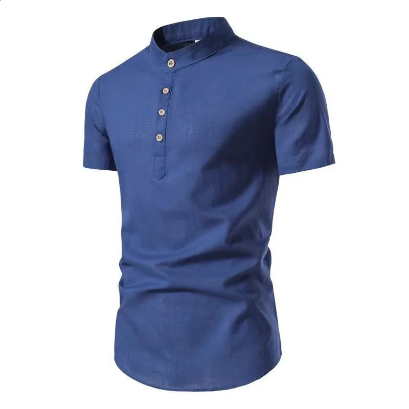 Mens casual shortsleeved standup collar vintage solid color shirt 250220