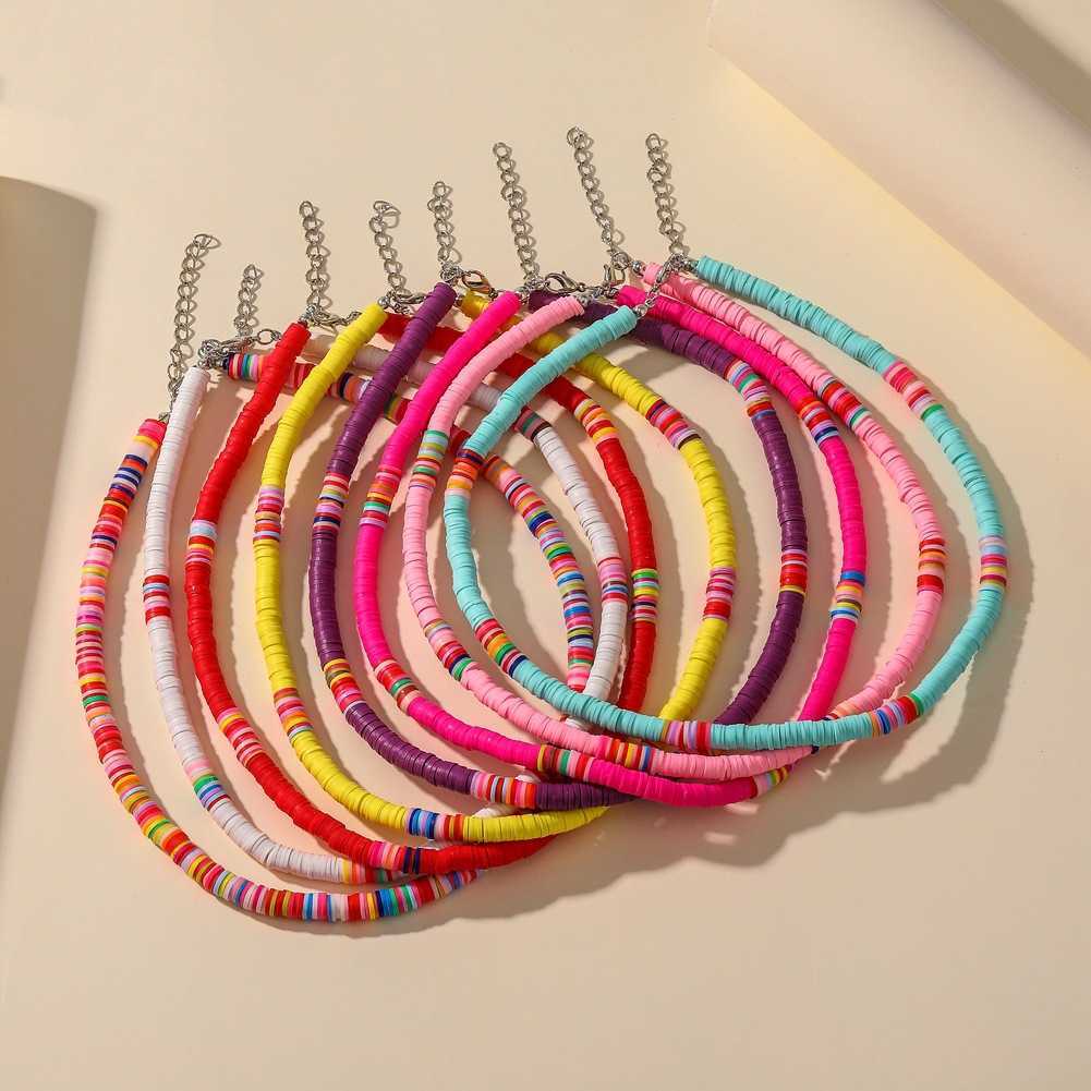 Pendant Necklaces Ins beach style colorful soft pottery piece string necklace Bohemian colorful collarbone chain set H25219