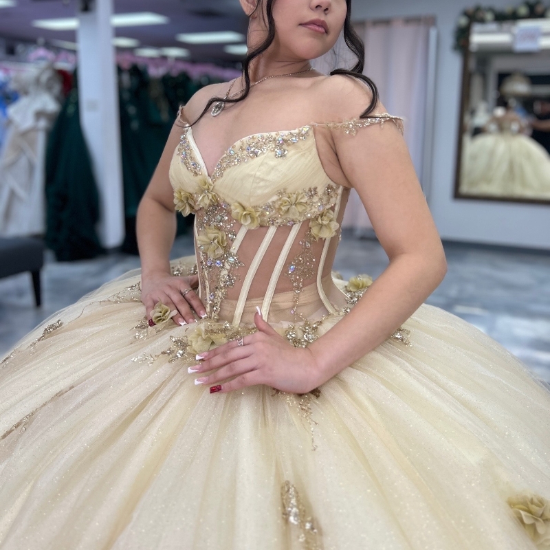 Champagne Shiny Quinceanera Dresses Ball Gown Off Shoulder Appliques Flower Beads Tull Corset Sweet 16 Dress Vestidos 15 de anos