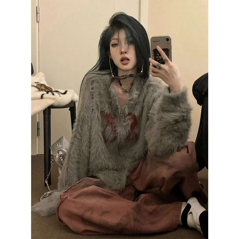 Y2K Aesthetic Knitted Cardigan Women Haruku Oversized Print Sweater Outerwear Gothic Long Sleeve Knitwear Winter Jumpers New