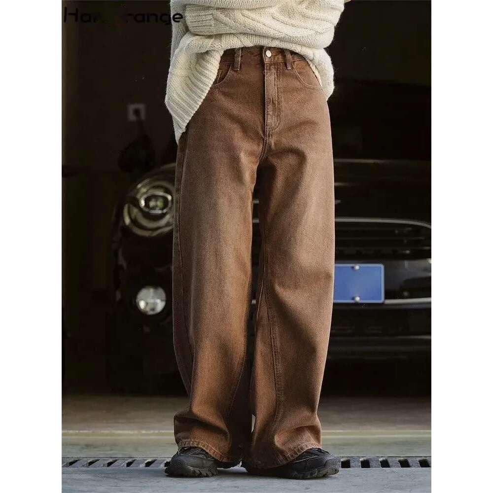 2024 Winter Vintage Casual High Waist Straight Jeans Women Warm Thickened Denim Pants Female Coffee Retro
