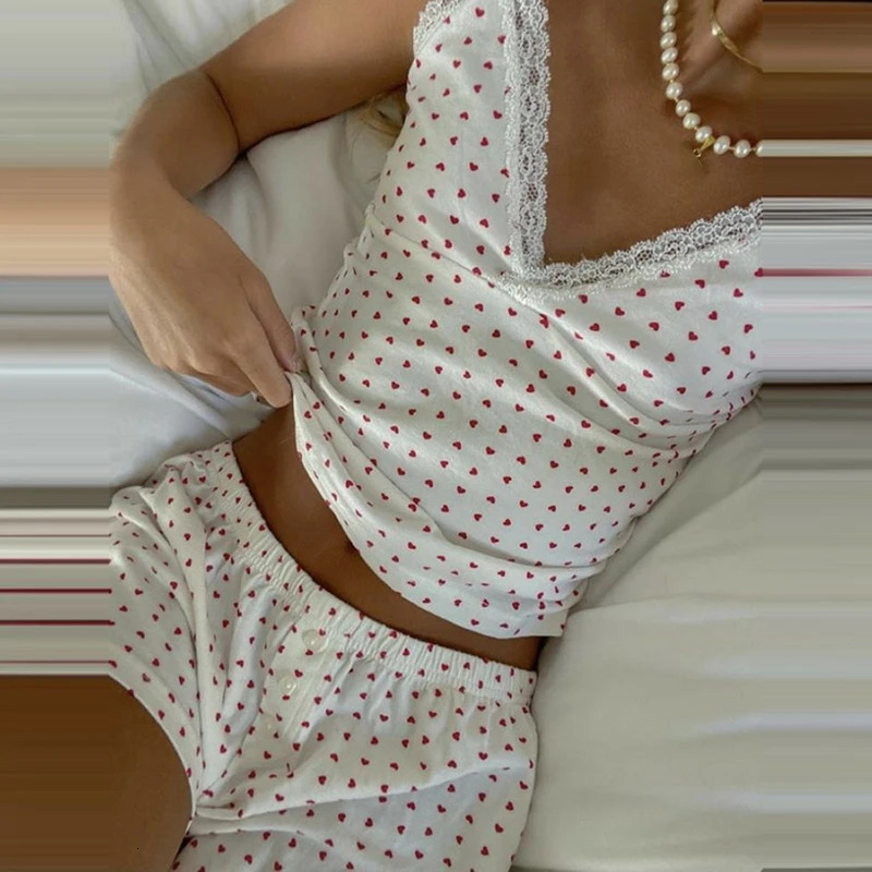 2 Piece Set Women Loungewear Cute Sweet Heart Lace Trim V Neck Cami Casual Shorts Sleeveless Crop Tops Pamas Homewear 250219