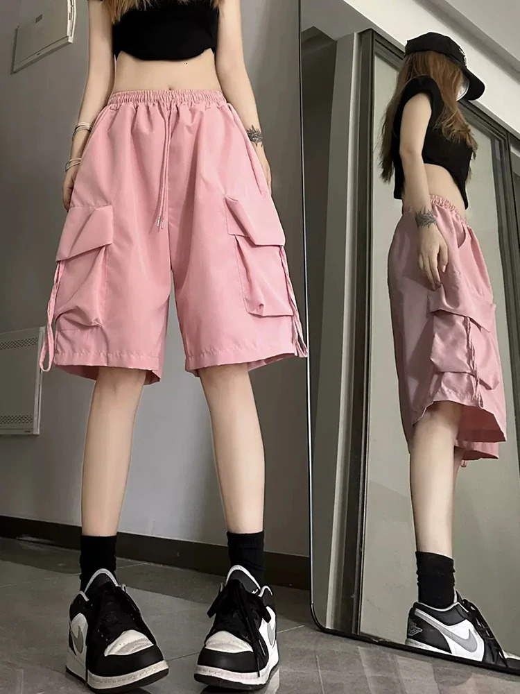 Zoki Streetwear Hip Hop Cargo Shorts Women Vintage Harajuku High Waist Y2K Short Pants Casual Korean Pockets Bf Shorts Summer 250219