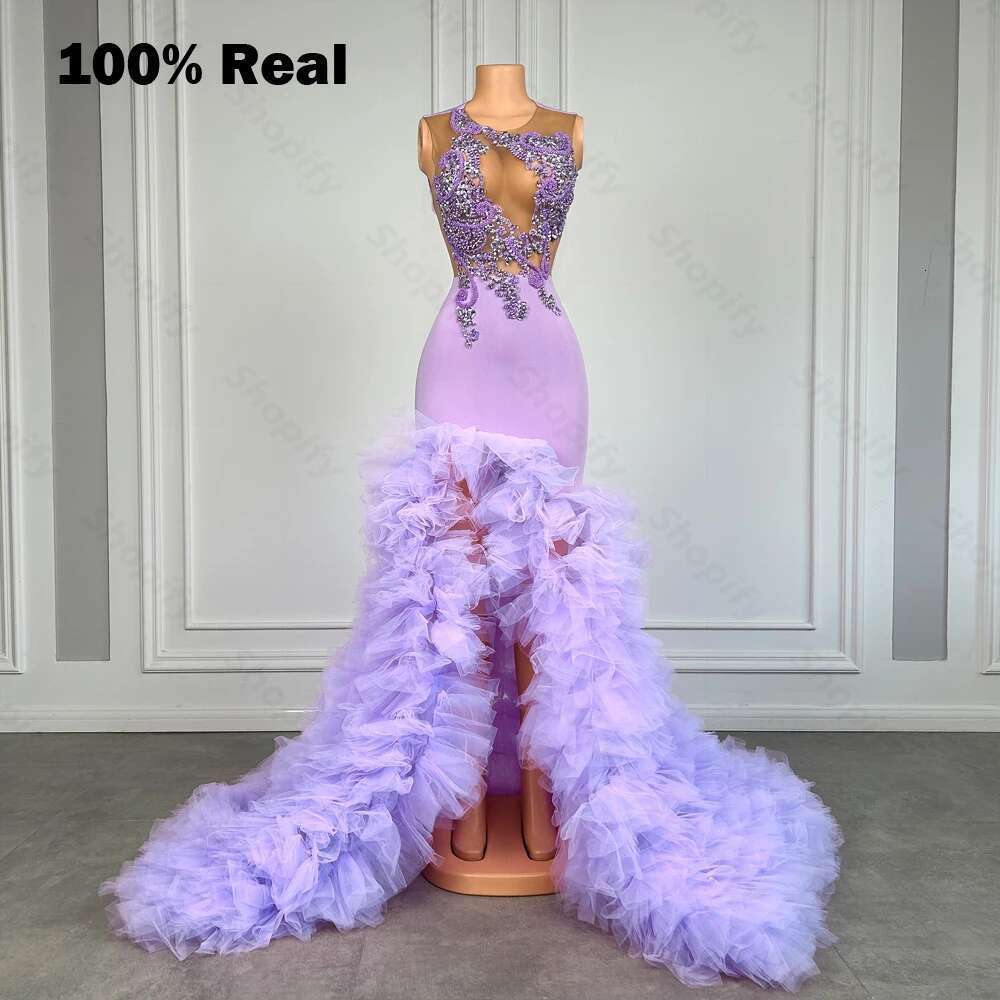 Elegant Purple Appliques Beaded Long 2025 Sexy Slit Black Girl Mermaid Prom Dresses Pleated Custom