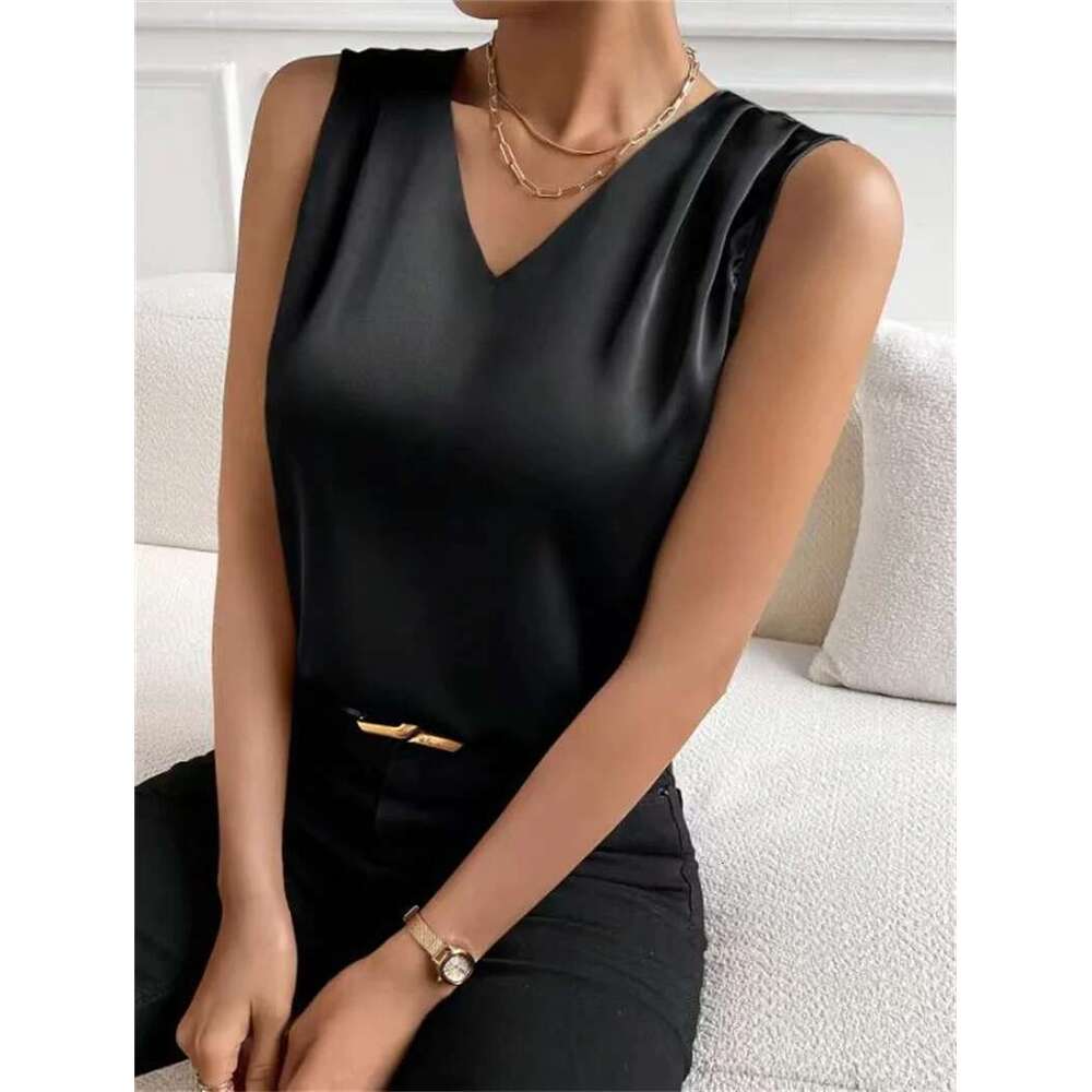 Women Summer Style Blouses Shirts Lady Casual Sleeveless V-Neck Satin Fabric Solid Color Blouse Tops Df5069